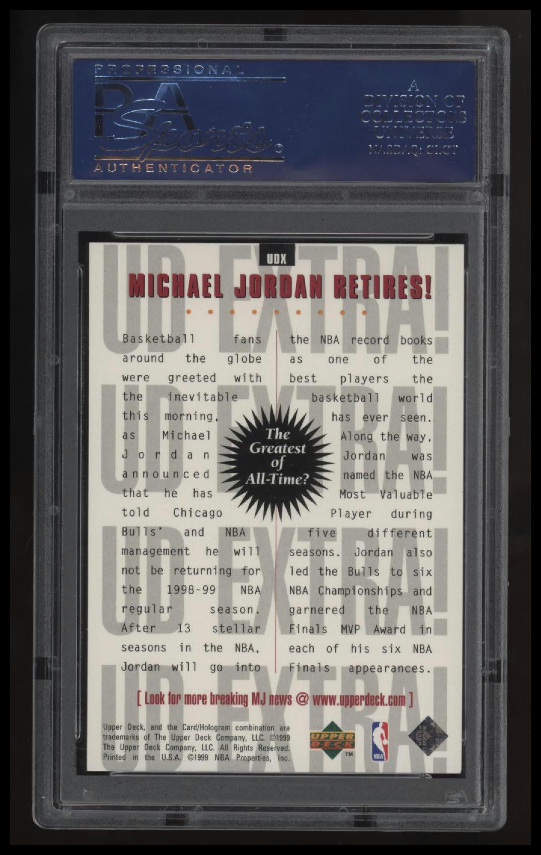 1998 Upper Deck Michael Jordan Michael Jordan Retires! PSA 8