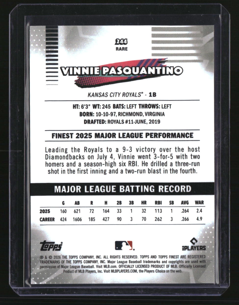 2026 Finest Vinnie Pasquantino Rare Orange Refractors #/25