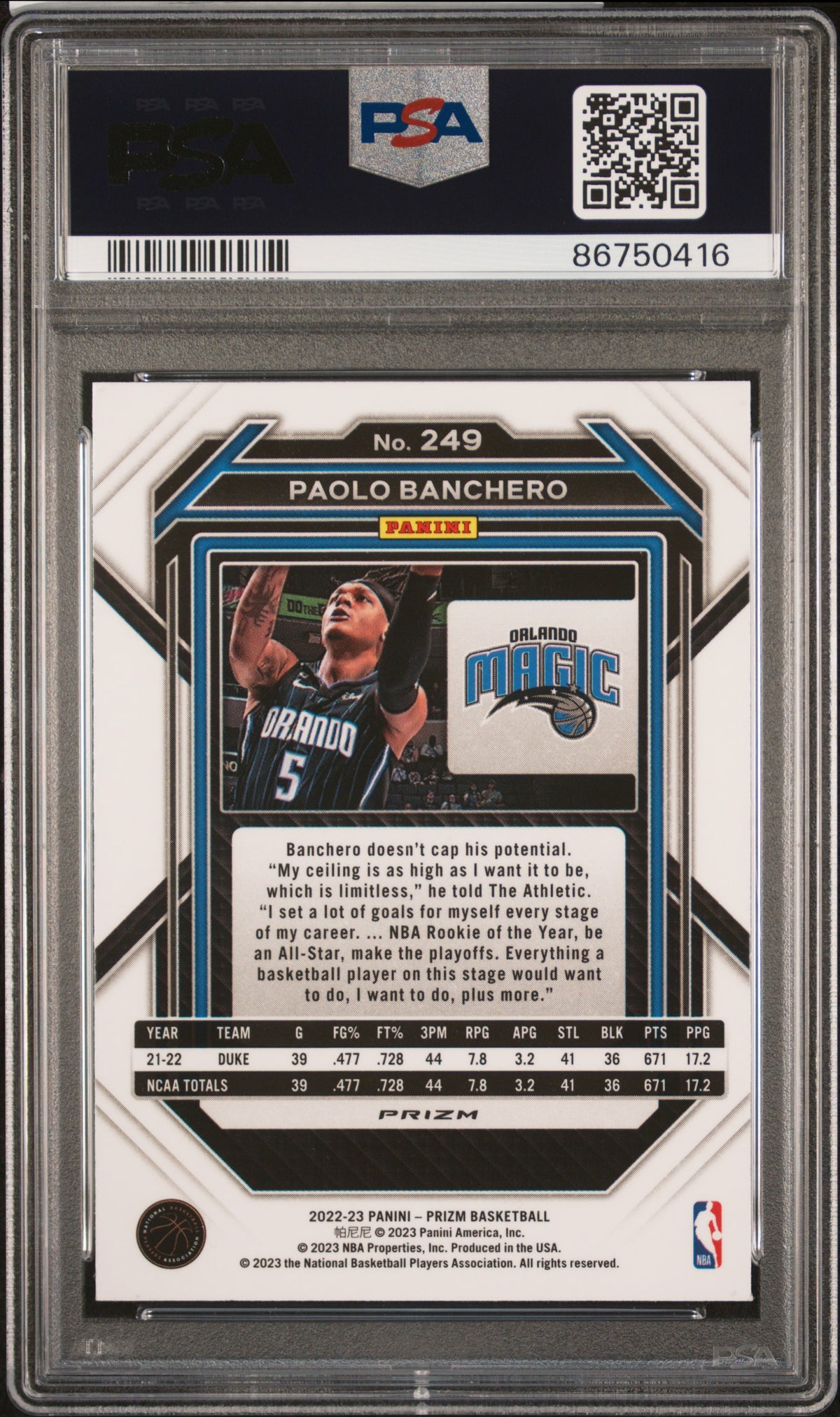 2022 Panini Prizm Paolo Banchero Pink Ice PSA 10