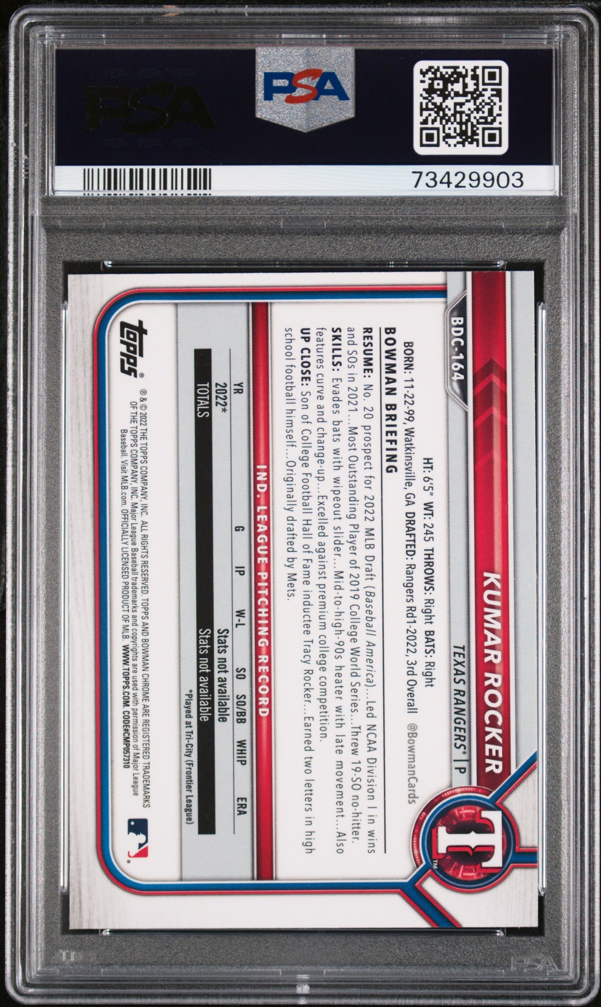 2022 Bowman Draft Kumar Rocker Chrome PSA 8