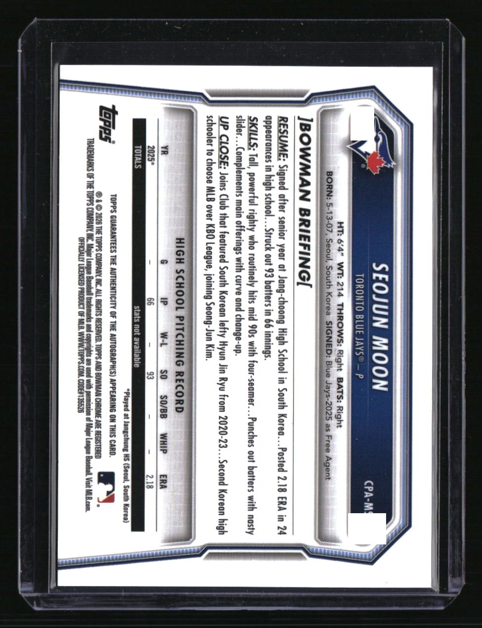 2026 Bowman Seojun Moon Chrome Prospect Autographs