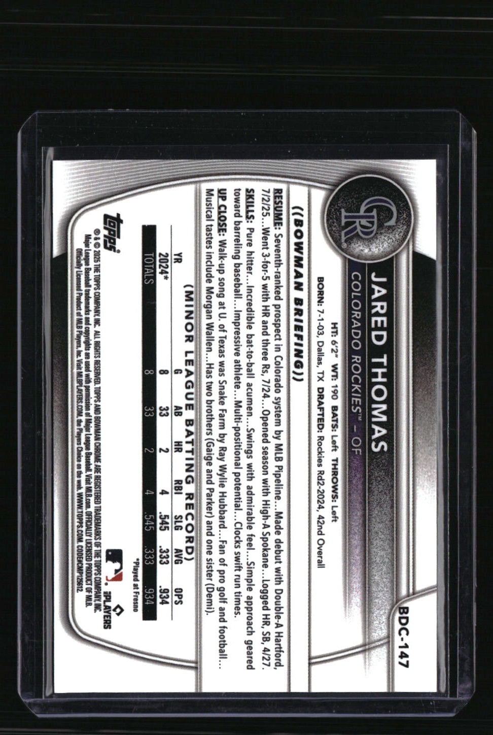 2025 Bowman Draft Jared Thomas Chrome Gold Geometric #/50