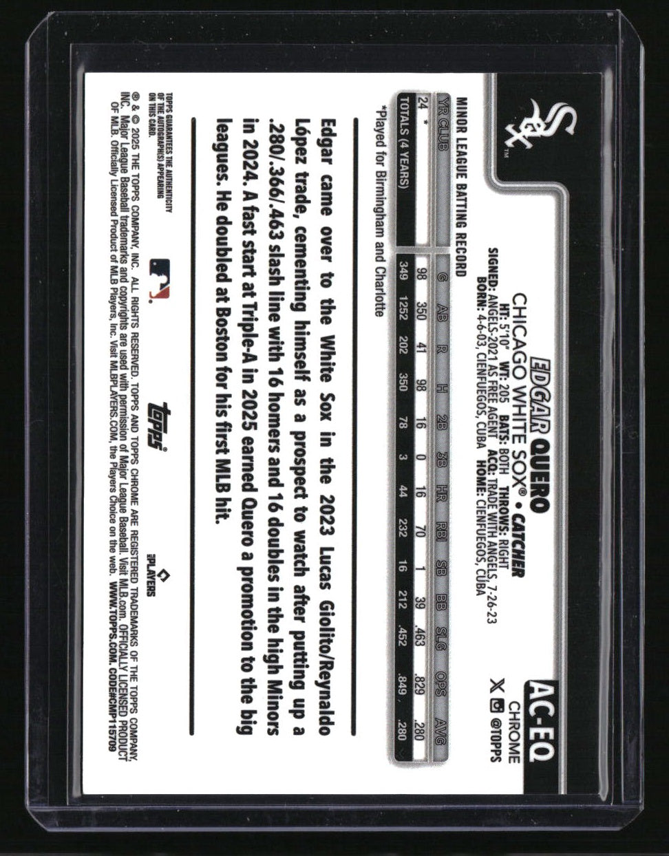2025 Topps Chrome Update Edgar Quero Autographs Gold Refractors #/50