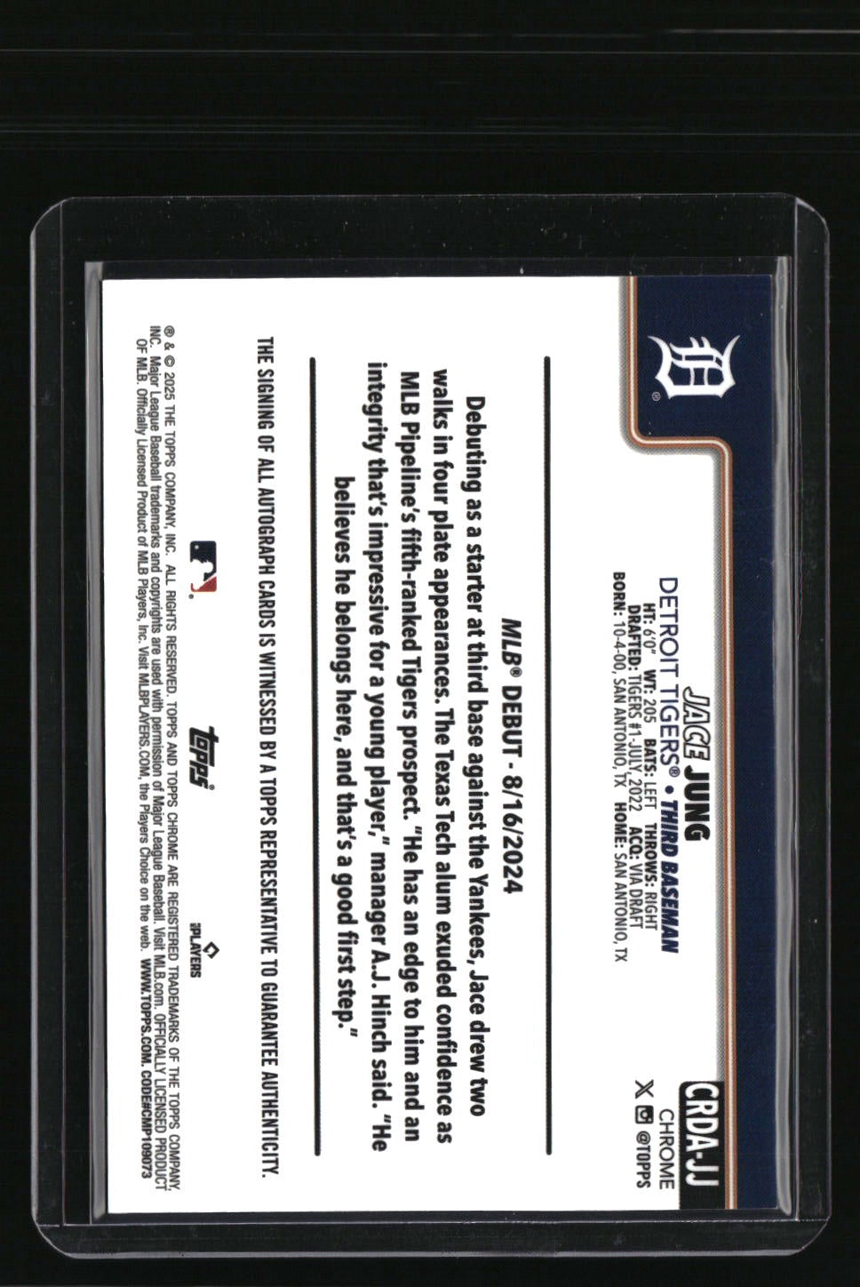 2025 Topps Chrome Update Jace Jung Rookie Debut Auto Blue RayWave #/150