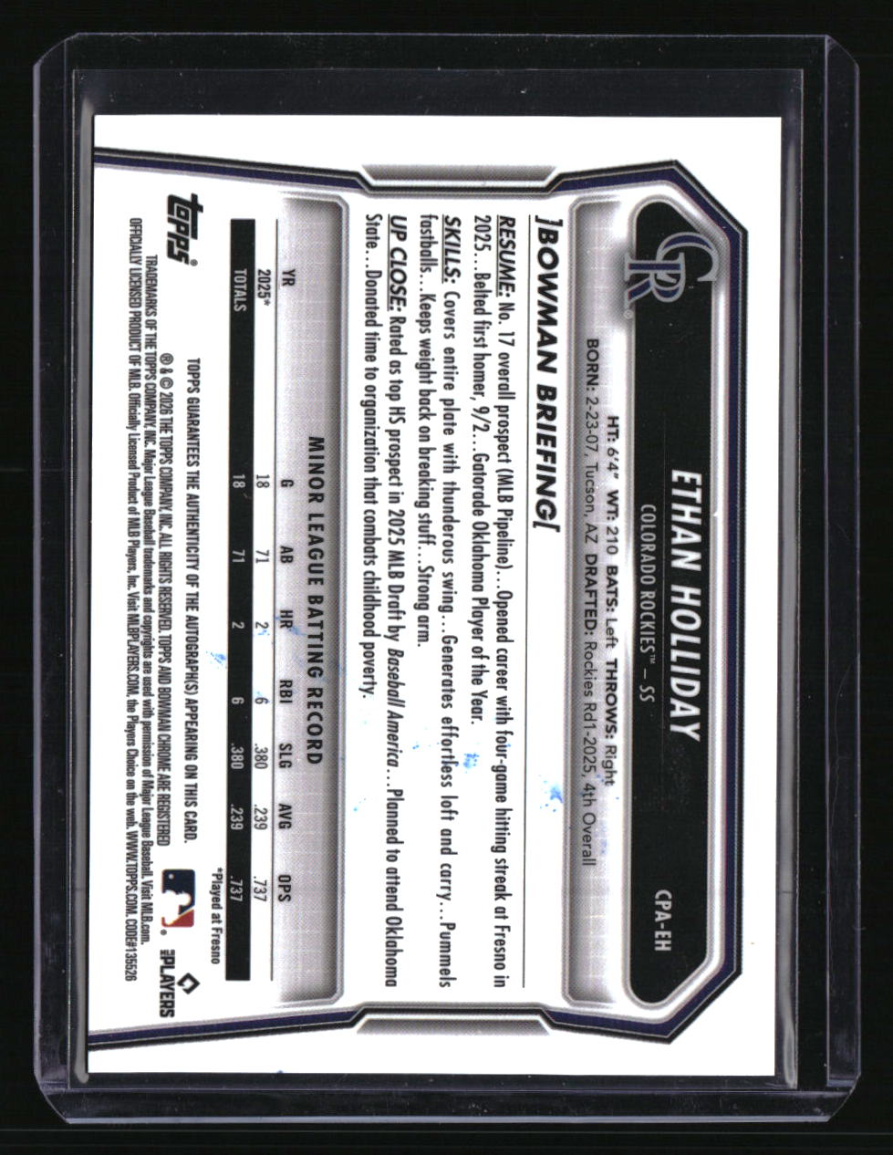 2026 Bowman Ethan Holliday Chrome Prospect Autographs