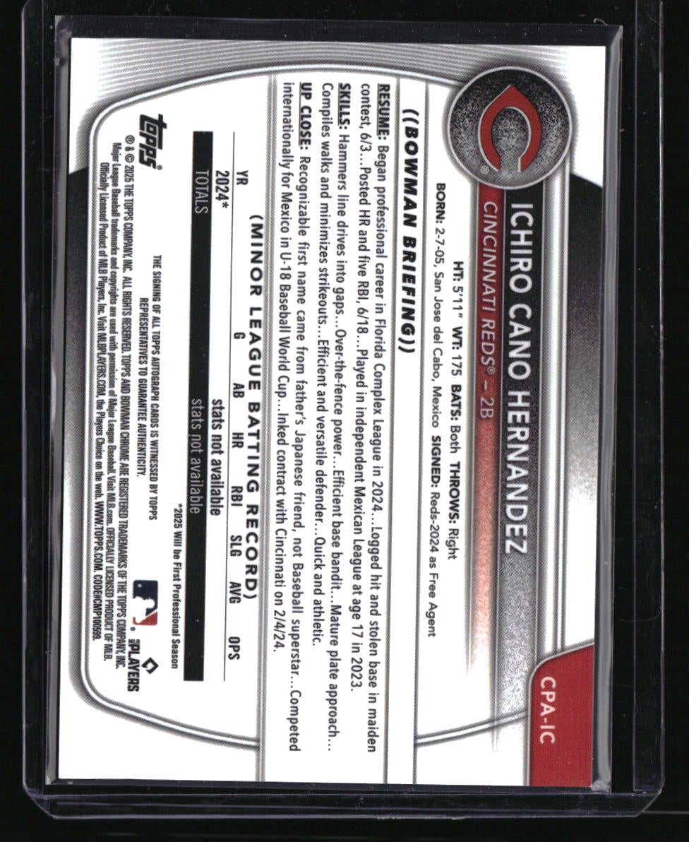2025 Bowman Ichiro Cano Hernandez Chrome Prospect Autos Speckle Refractor #/299