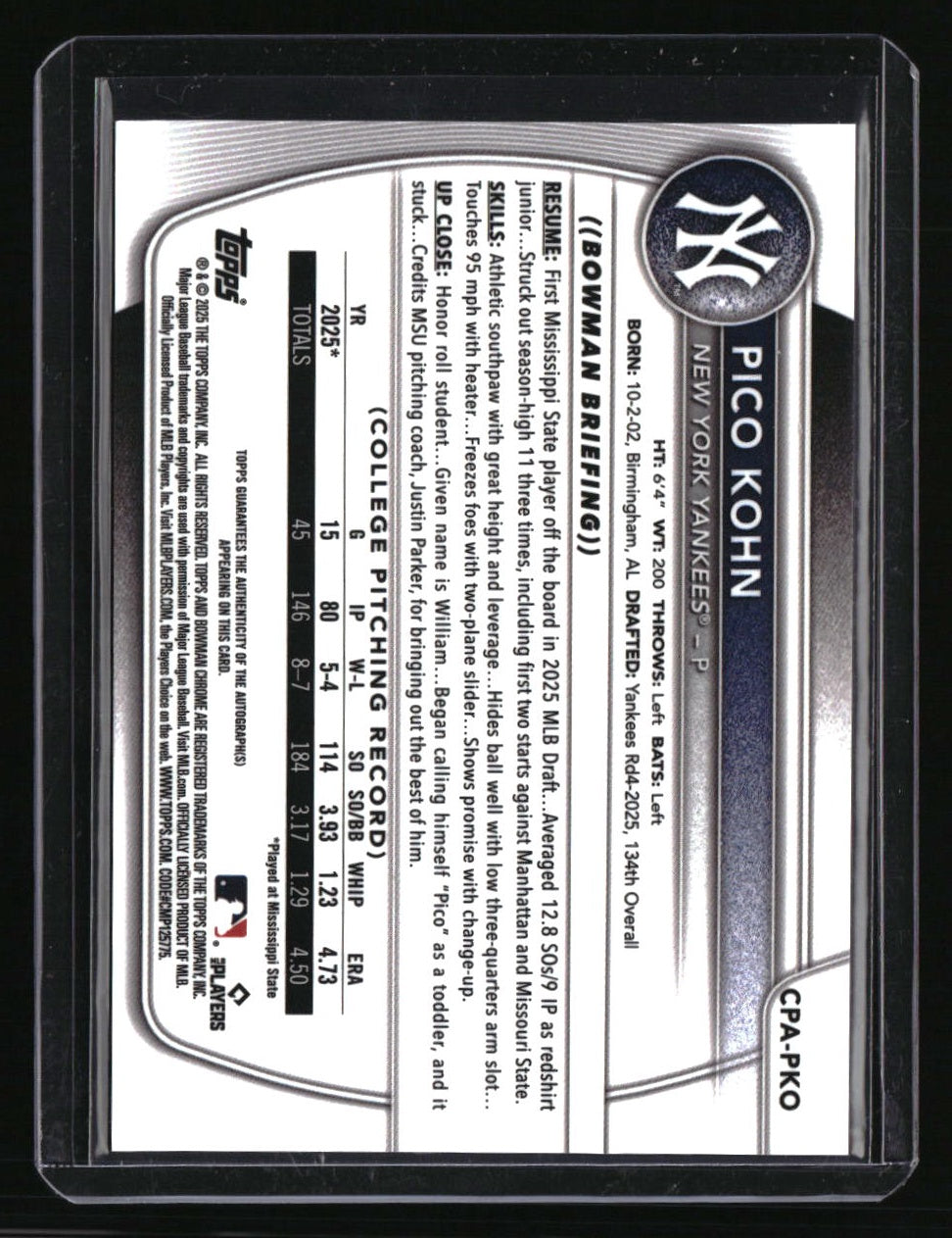 2025 Bowman Draft Pico Kohn Chrome Prospect Autographs