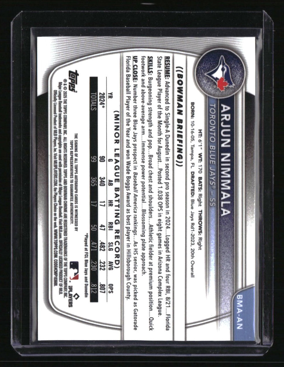 2025 Bowman Arjun Nimmala Chrome Prospects Autographs Mojo Green Refractor #/99