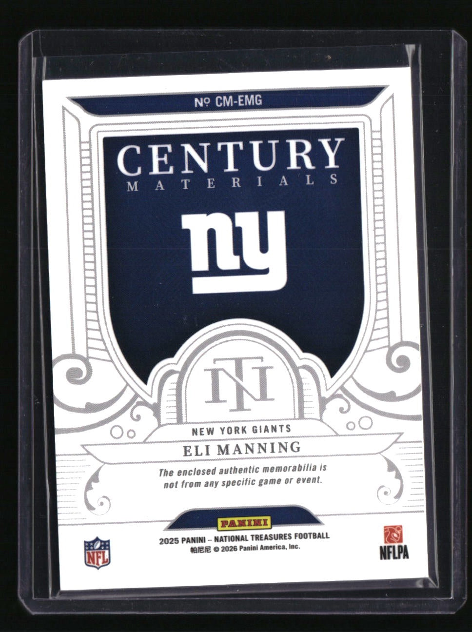 2025 Panini National Treasures Eli Manning Century Materials #/99