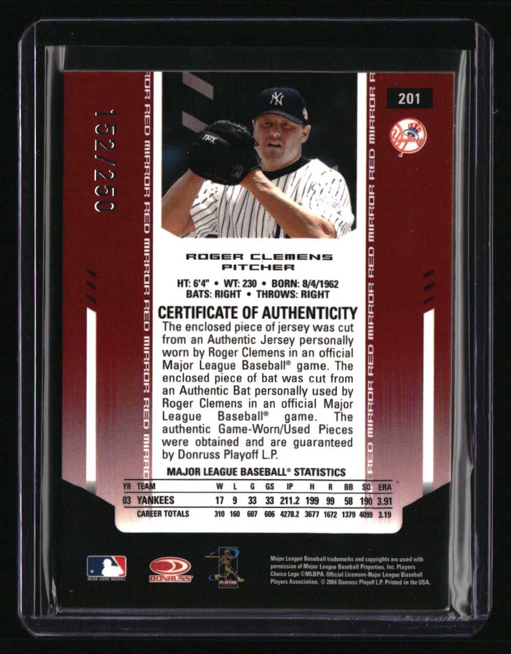 2004 Leaf Certified Materials Roger Clemens Mirror Combo Red #/250