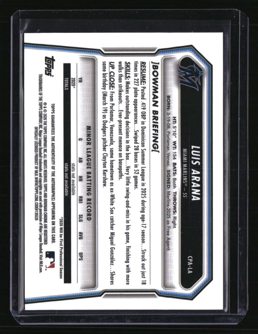 2026 Bowman Luis Arana Chrome Prospect Autographs