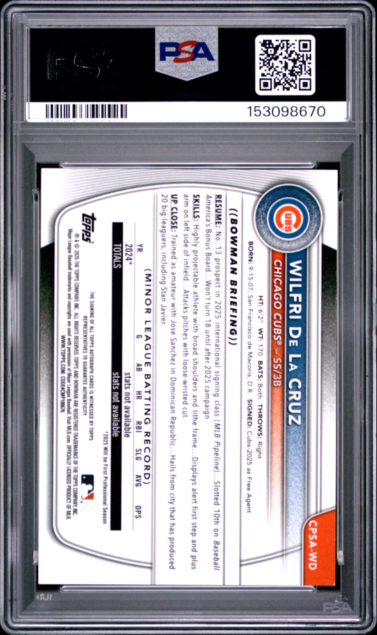 2025 Bowman Chrome Sapphire Prospects Auto Wilfri De La Cruz Green PSA 9