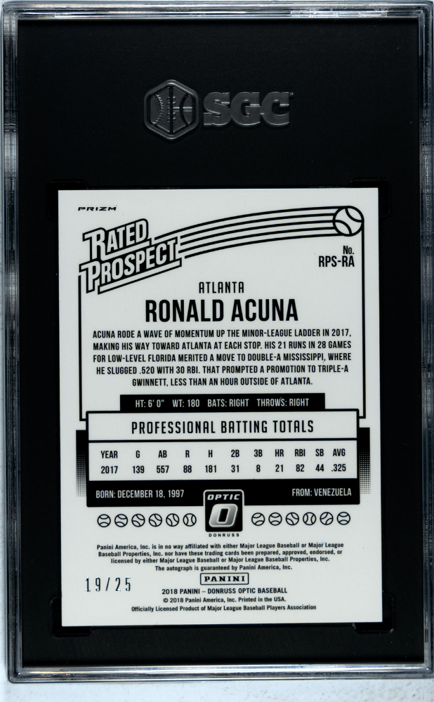 2018 Donruss Optic Ronald Acuna Jr. Rated Prospect Sigs. Blue Prizm /25 SGC 9.5