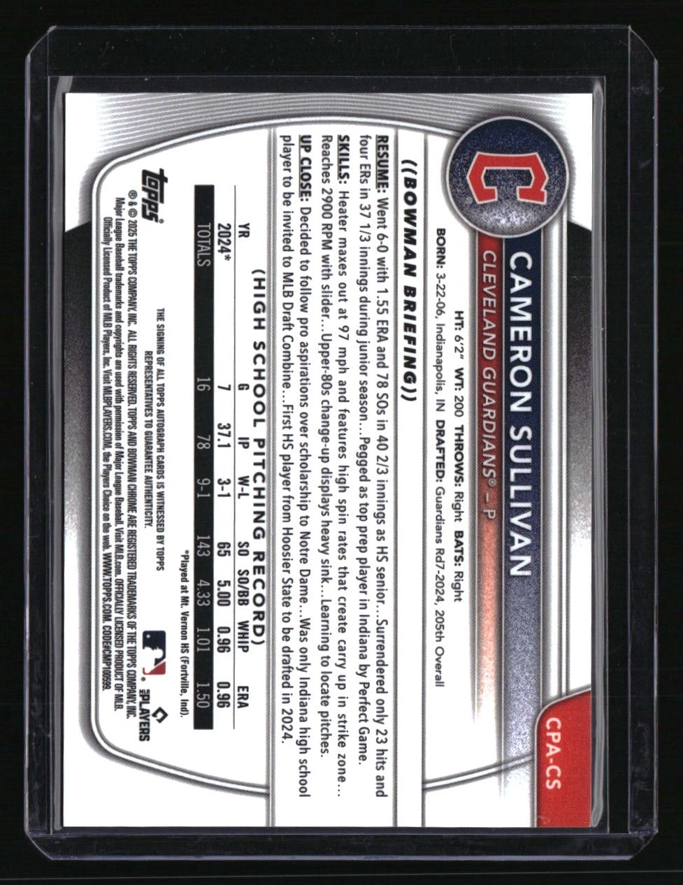 2025 Bowman Cameron Sullivan Chrome Prospects Autographs Yellow Refractor #/75