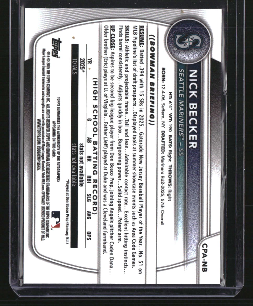2025 Bowman Draft Nick Becker Chrome Prospect Autographs
