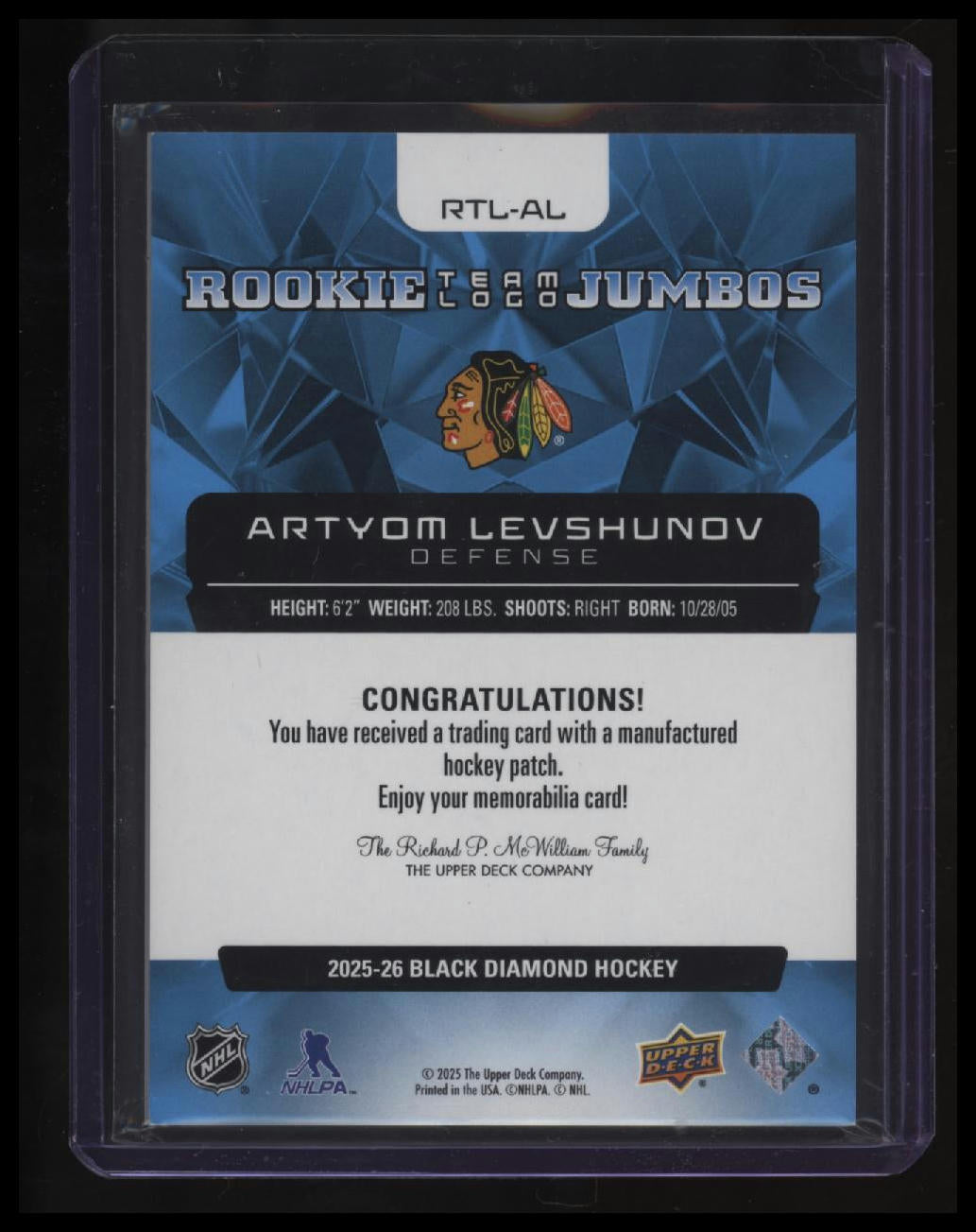 2025-26 Upper Deck Black Diamond Artyom Levshunov Team Logo Jumbo Rookies
