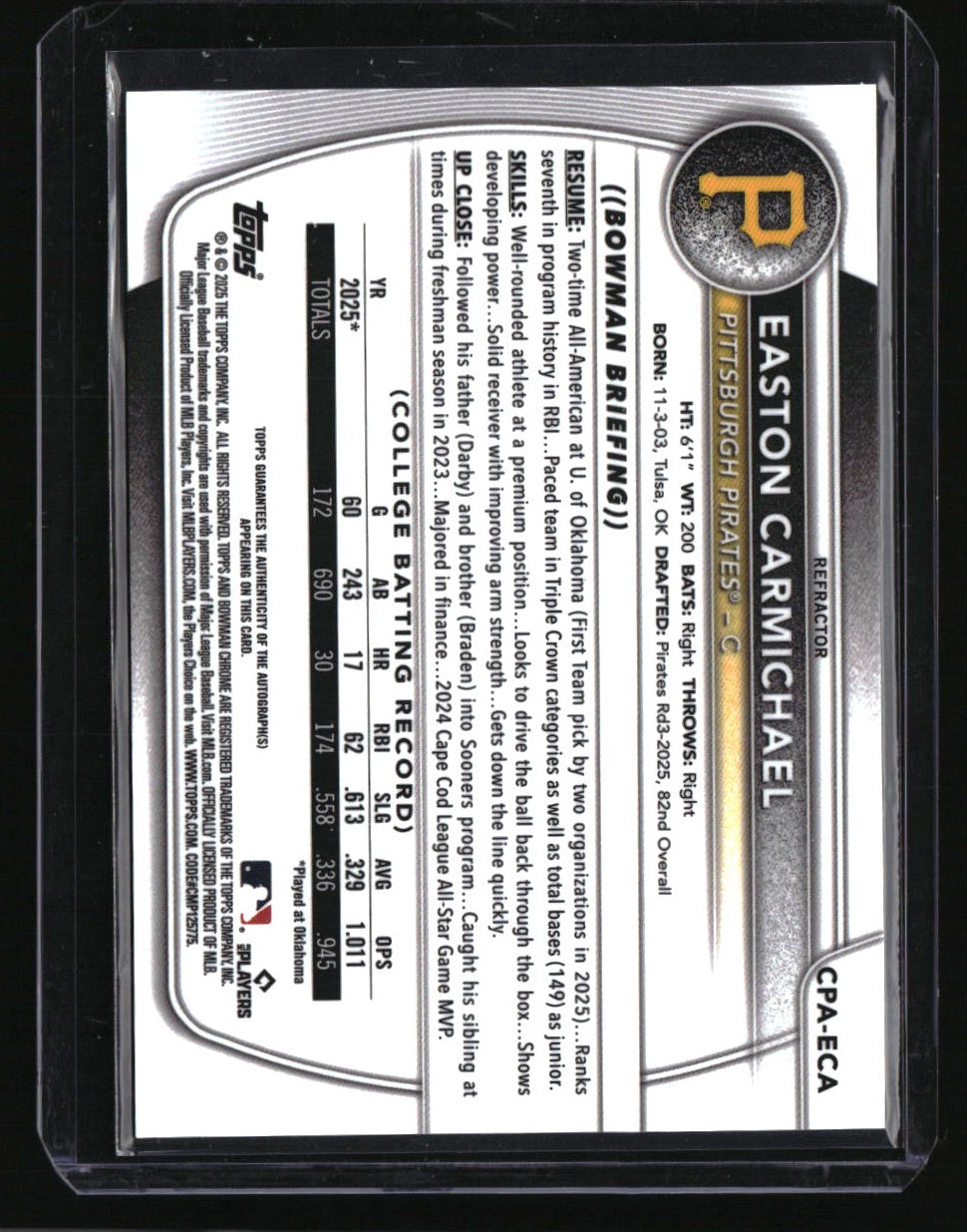 2025 Bowman Draft Easton Carmichael Chrome Prospect Autographs Refractor #/499