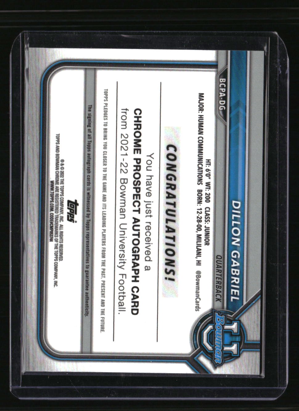 2021-22 Bowman University Dillon Gabriel Bowman Chrome Prospects Autographs