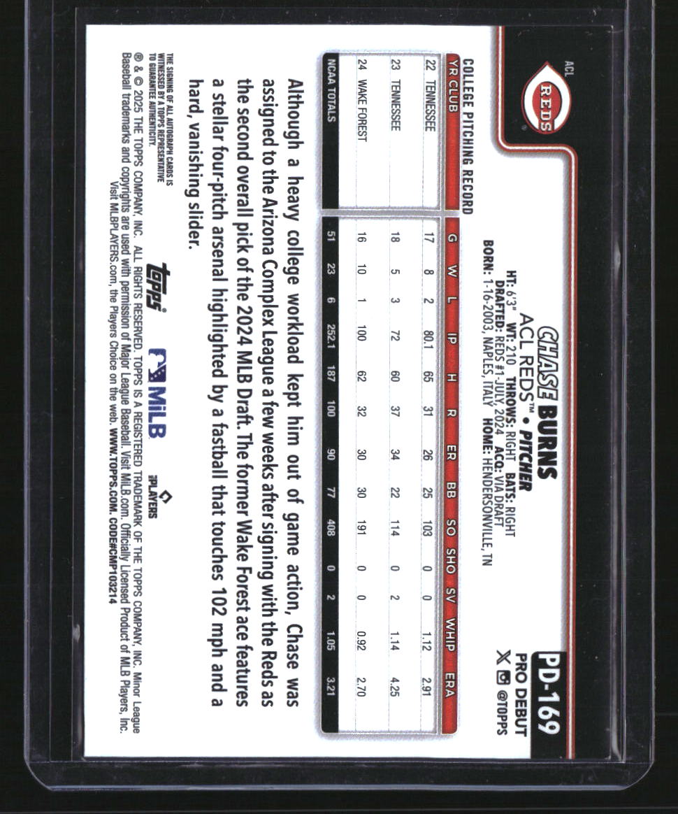 2025 Topps Pro Debut Chase Burns Base Autographs
