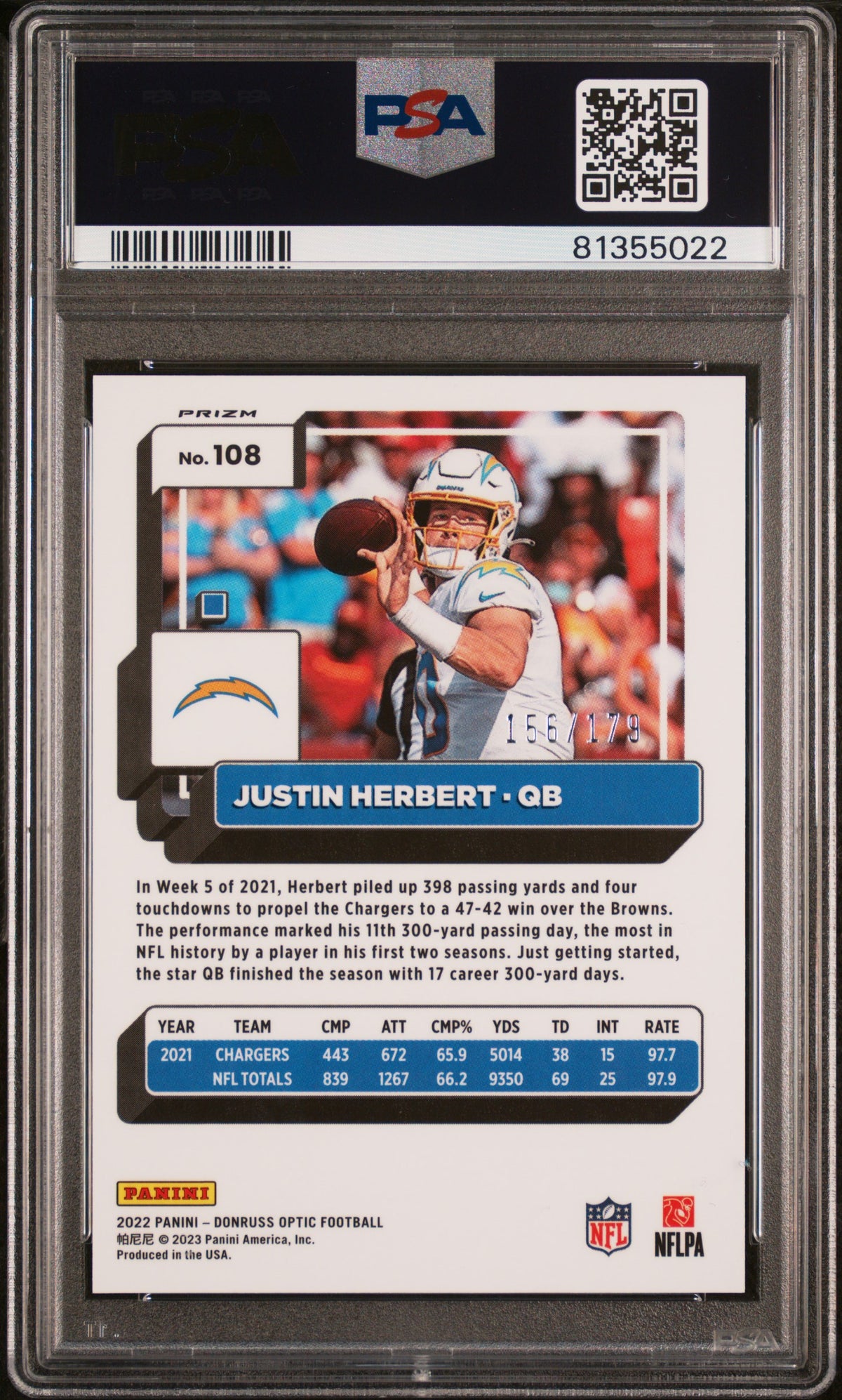 2022 Panini Donruss Optic Justin Herbert Blue PSA 10