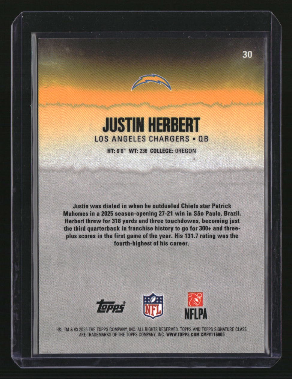 2025 Topps Signature Class Justin Herbert Orange #/50