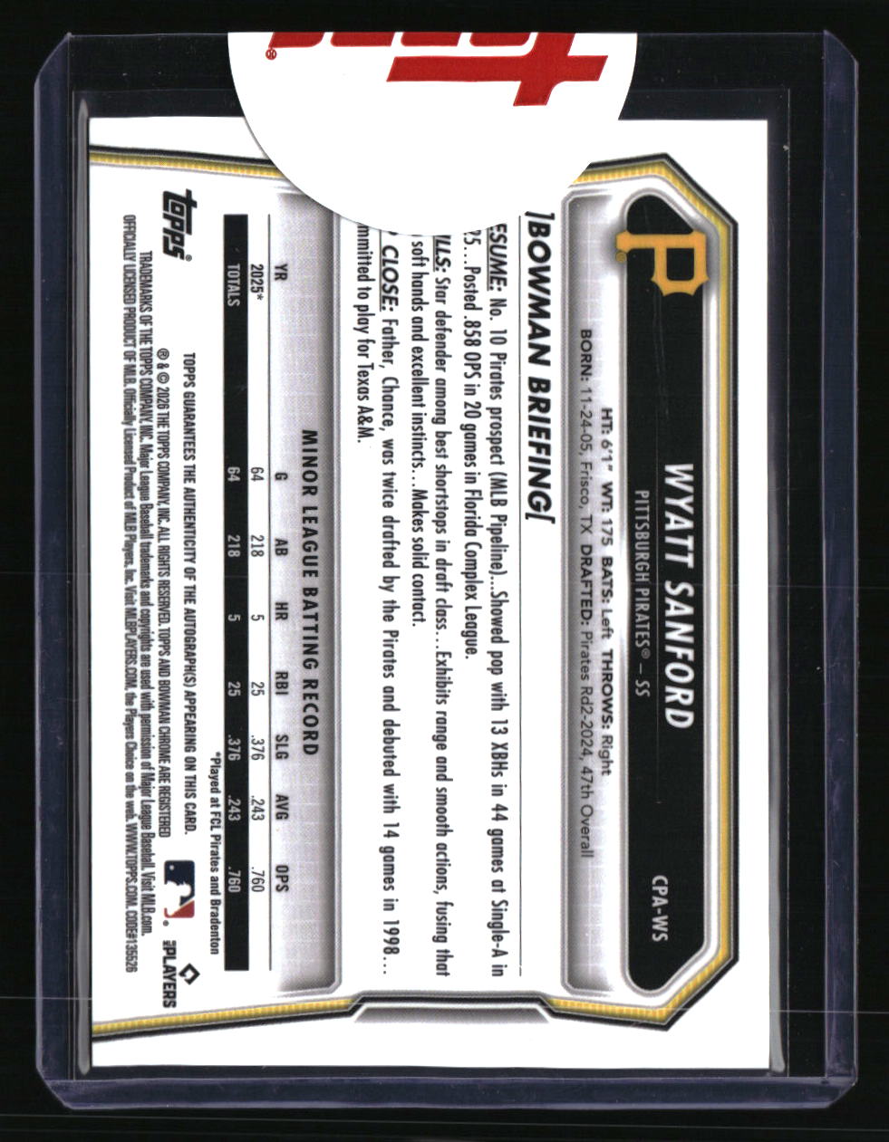 2026 Bowman Wyatt Sanford Chrome Prospect Autographs Topps Sealed