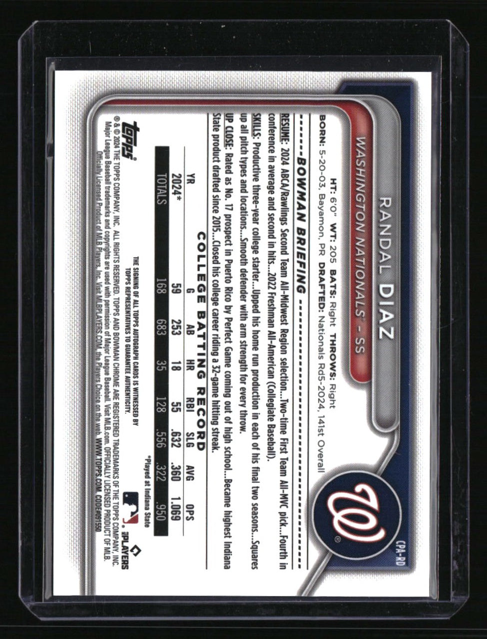 2024 Bowman Draft Randal Diaz Chrome Prospect Autographs Blue Wave #/150