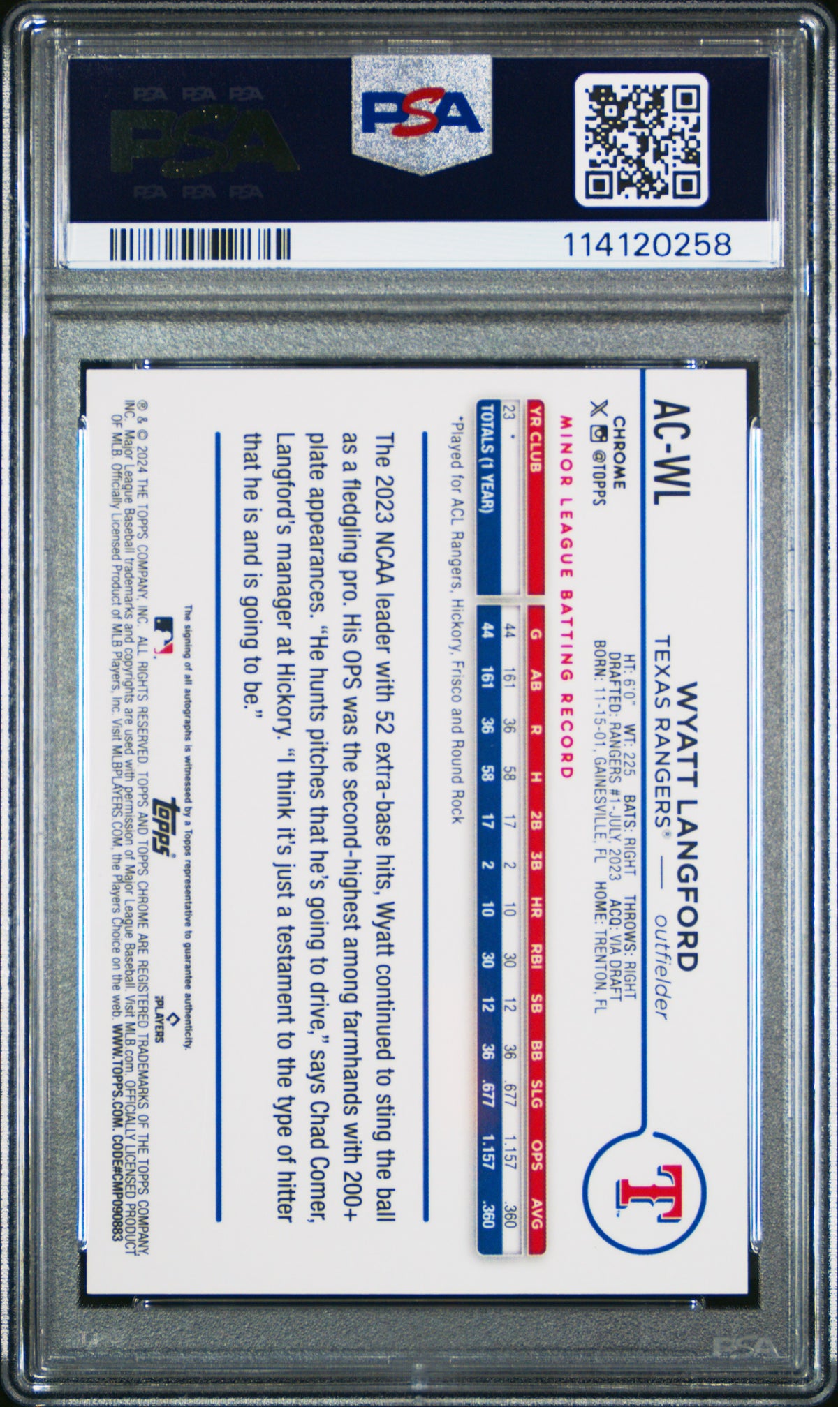 2024 Topps Chrome Update Autogs Wyatt Langford Blue Raywave PSA 8
