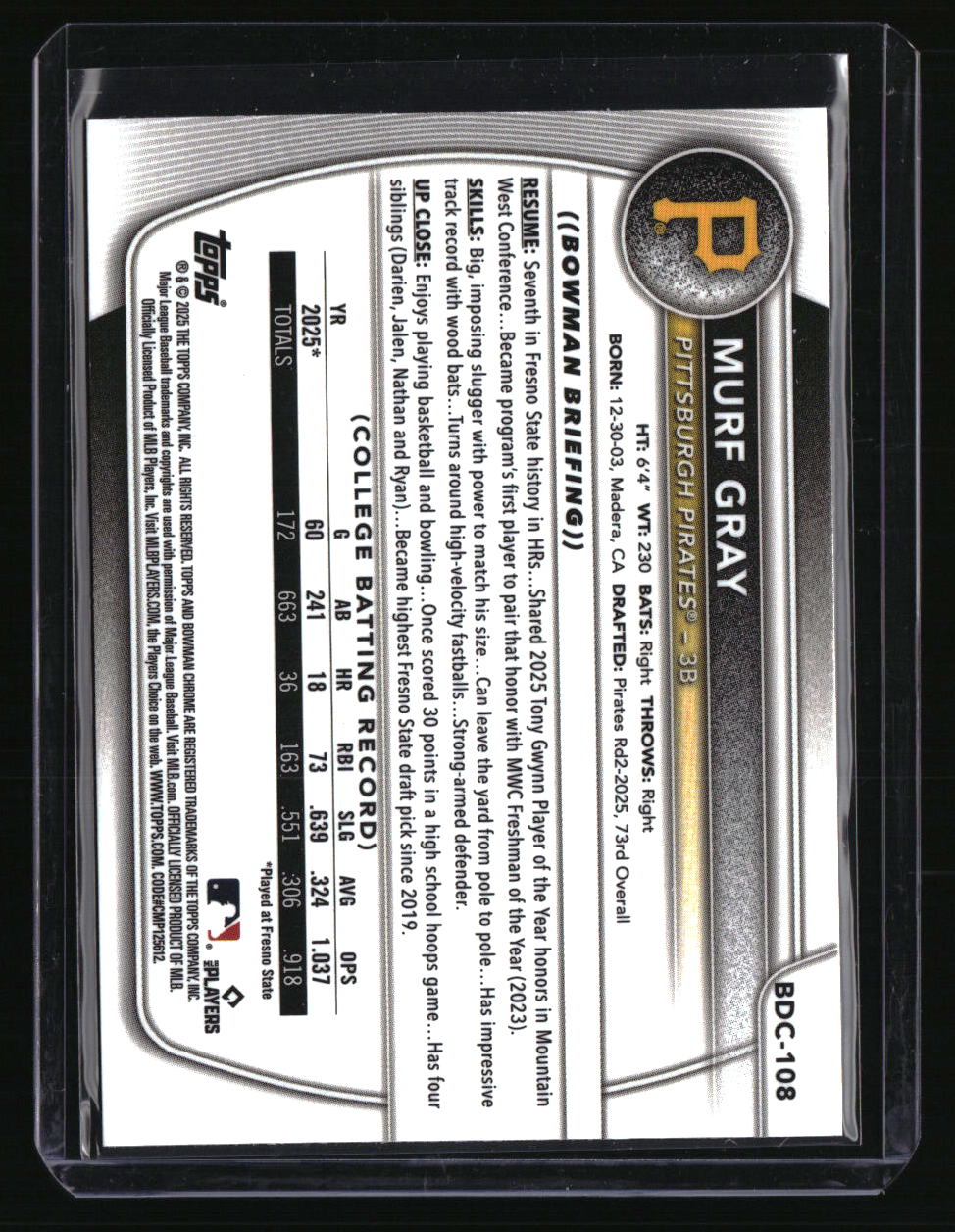 2025 Bowman Draft Murf Gray Chrome Steel Metal Refractor #/100