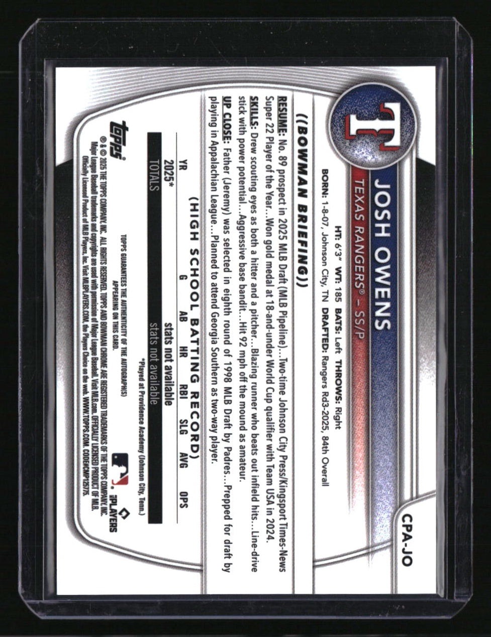 2025 Bowman Draft Josh Owens Chrome Prospect Autographs Aqua Lava #/199