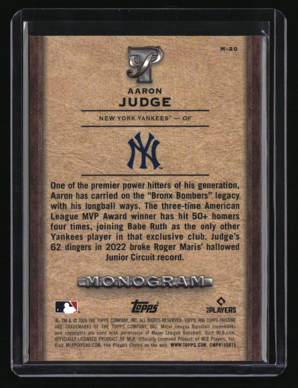 2026 Topps Pristine Aaron Judge Monogram (Minor Damage on Back)
