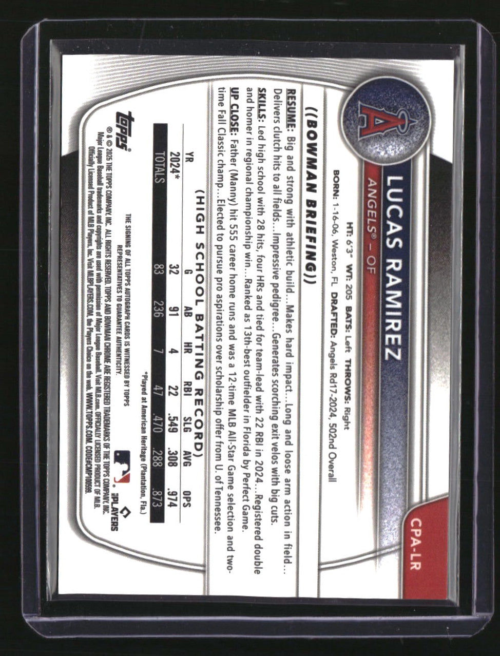 2025 Bowman Lucas Ramirez Chrome Prospect Autos Orange Shimmer Refractor #/25