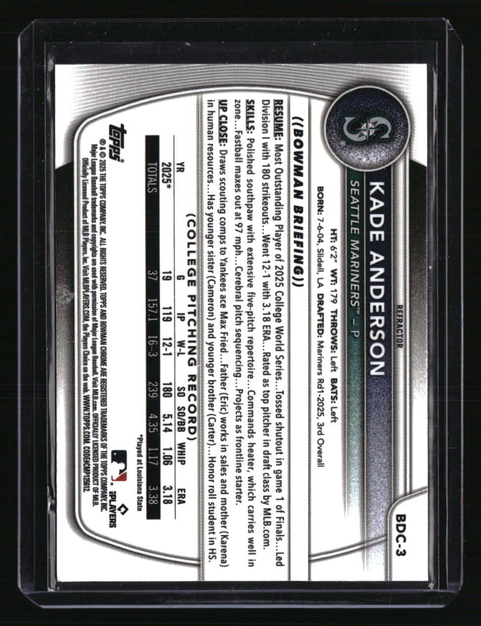 2025 Bowman Draft Kade Anderson Chrome Refractor