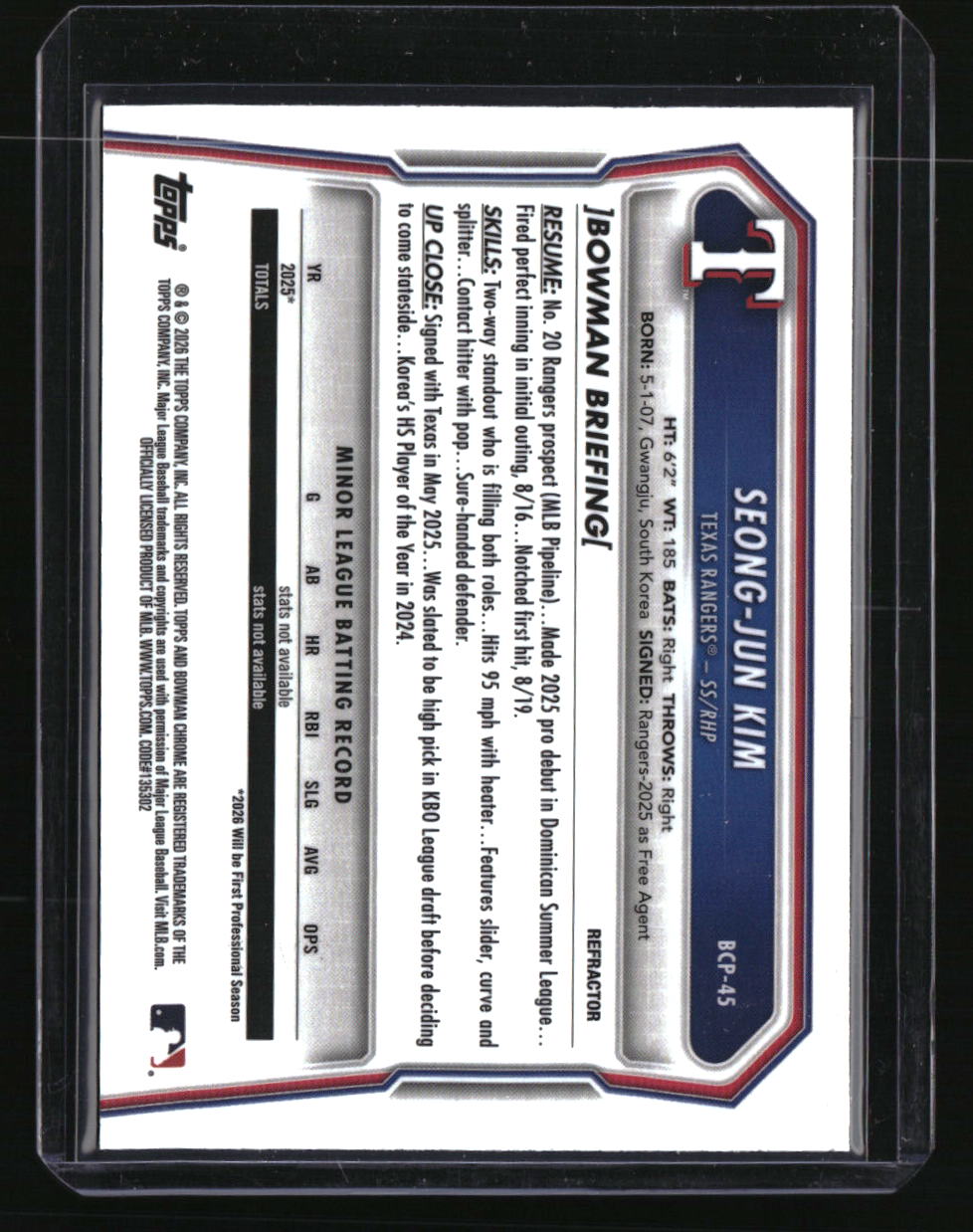 2026 Bowman Seong-Jun Kim Chrome Prospects Refractor #/499