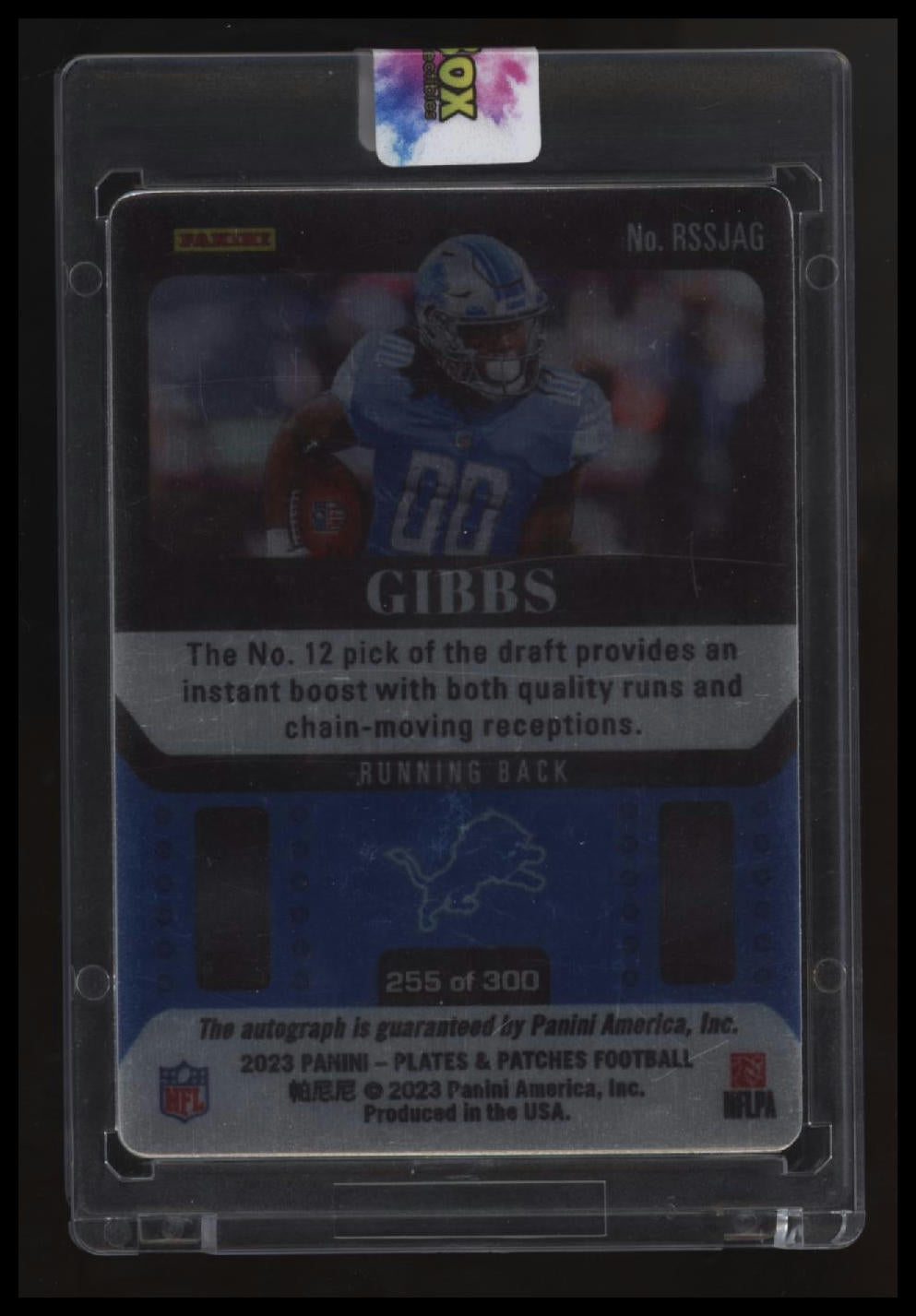 2023 Panini Plates & Patches Jahmyr Gibbs Rookie Steel Signatures #/300