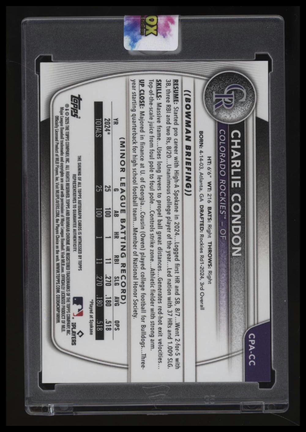 2025 Bowman Charlie Condon Chrome Prospect Autographs Gold Refractor #/50