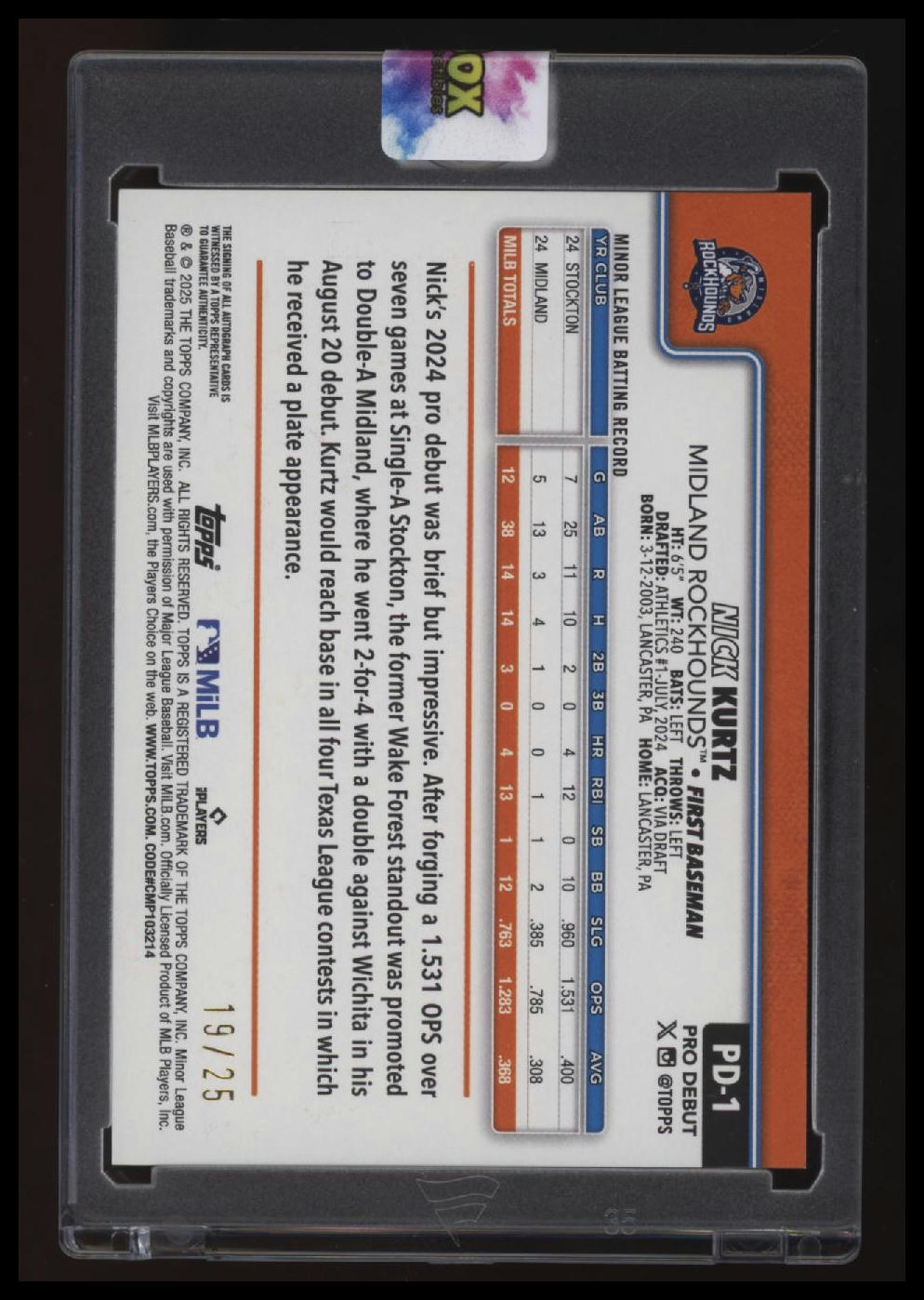 2025 Topps Pro Debut Nick Kurtz Base Autographs Orange #/25