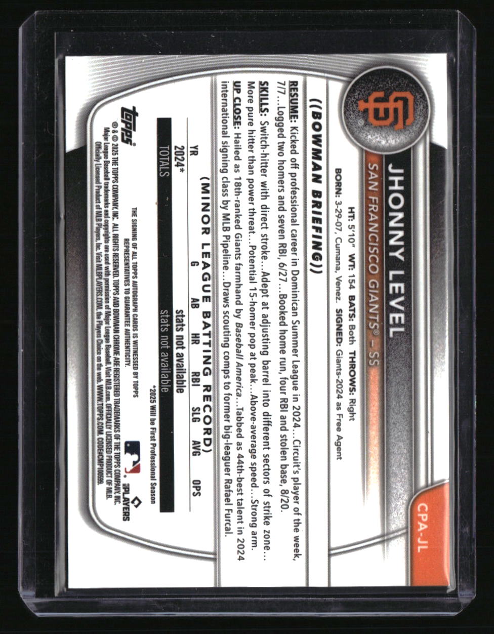 2025 Bowman Jhonny Level Chrome Prospect Autographs