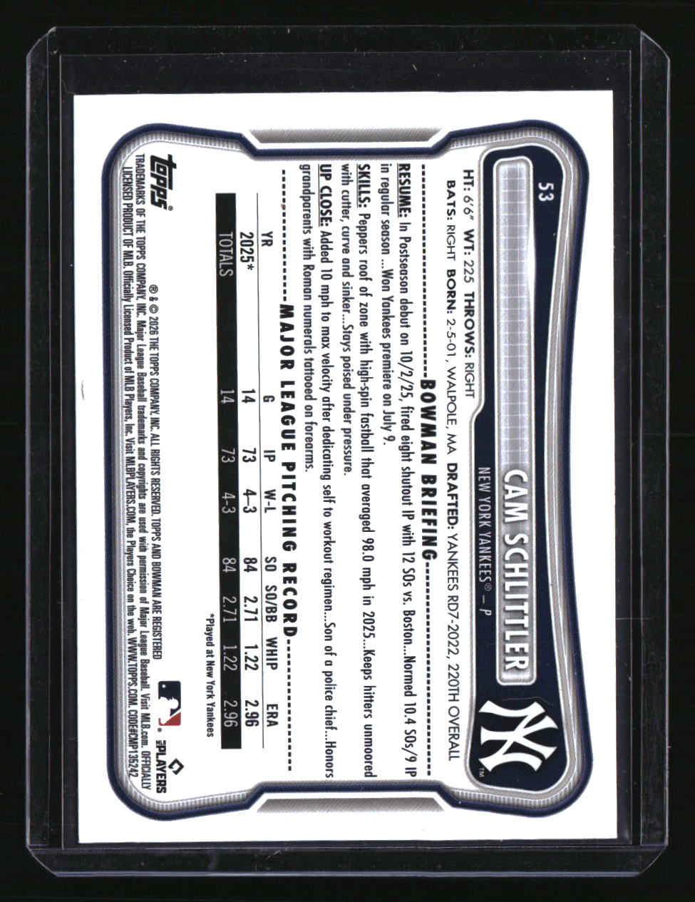 2026 Bowman Cam Schlittler Yellow #/75