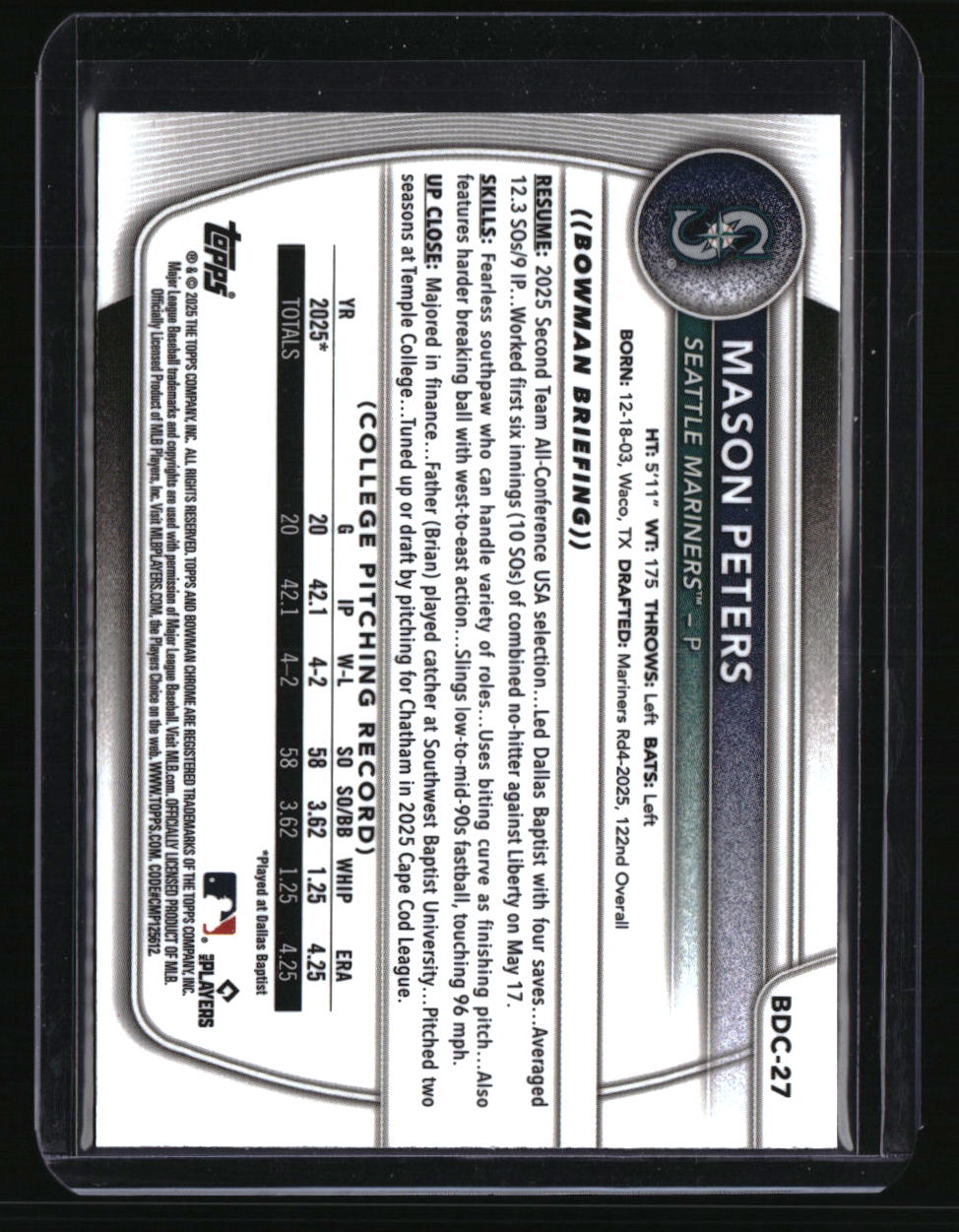 2025 Bowman Draft Mason Peters Chrome Yellow Reptilian Refractor #/75