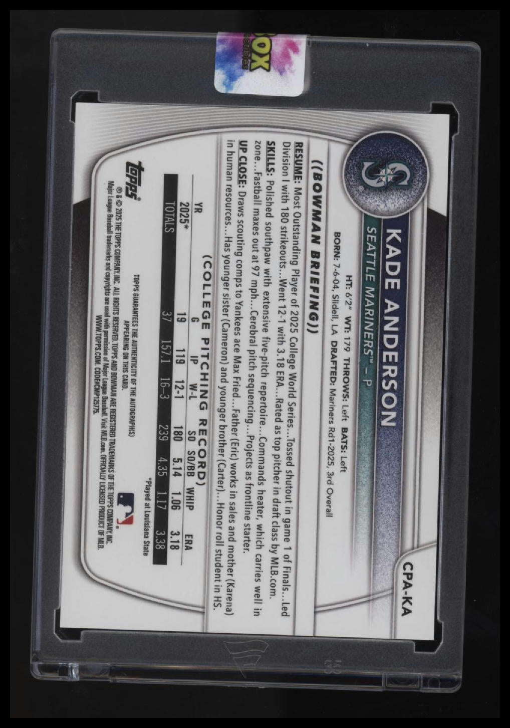 2025 Bowman Draft Kade Anderson Chrome Prospect Autographs