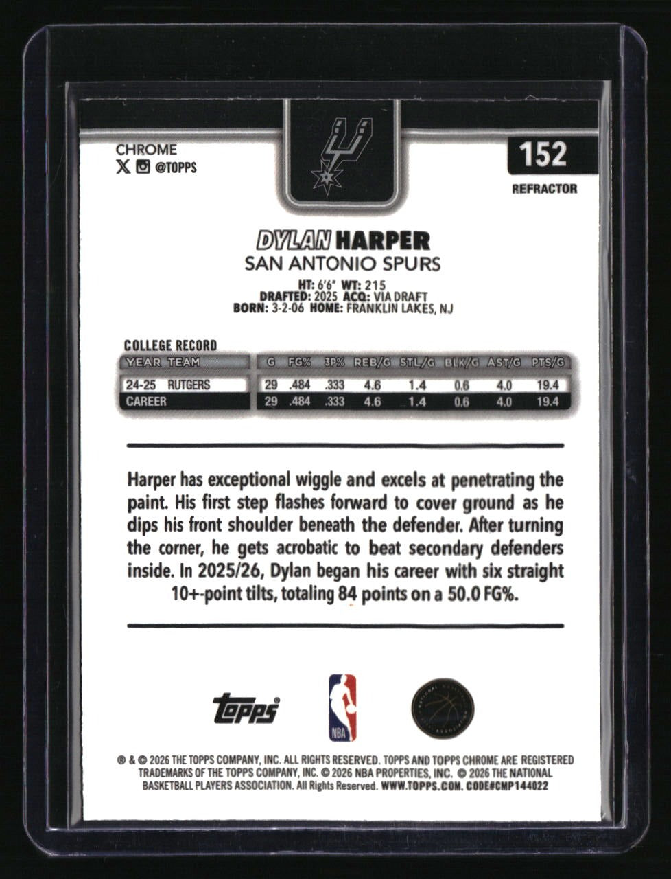 2025-26 Topps Chrome Update Dylan Harper Refractor