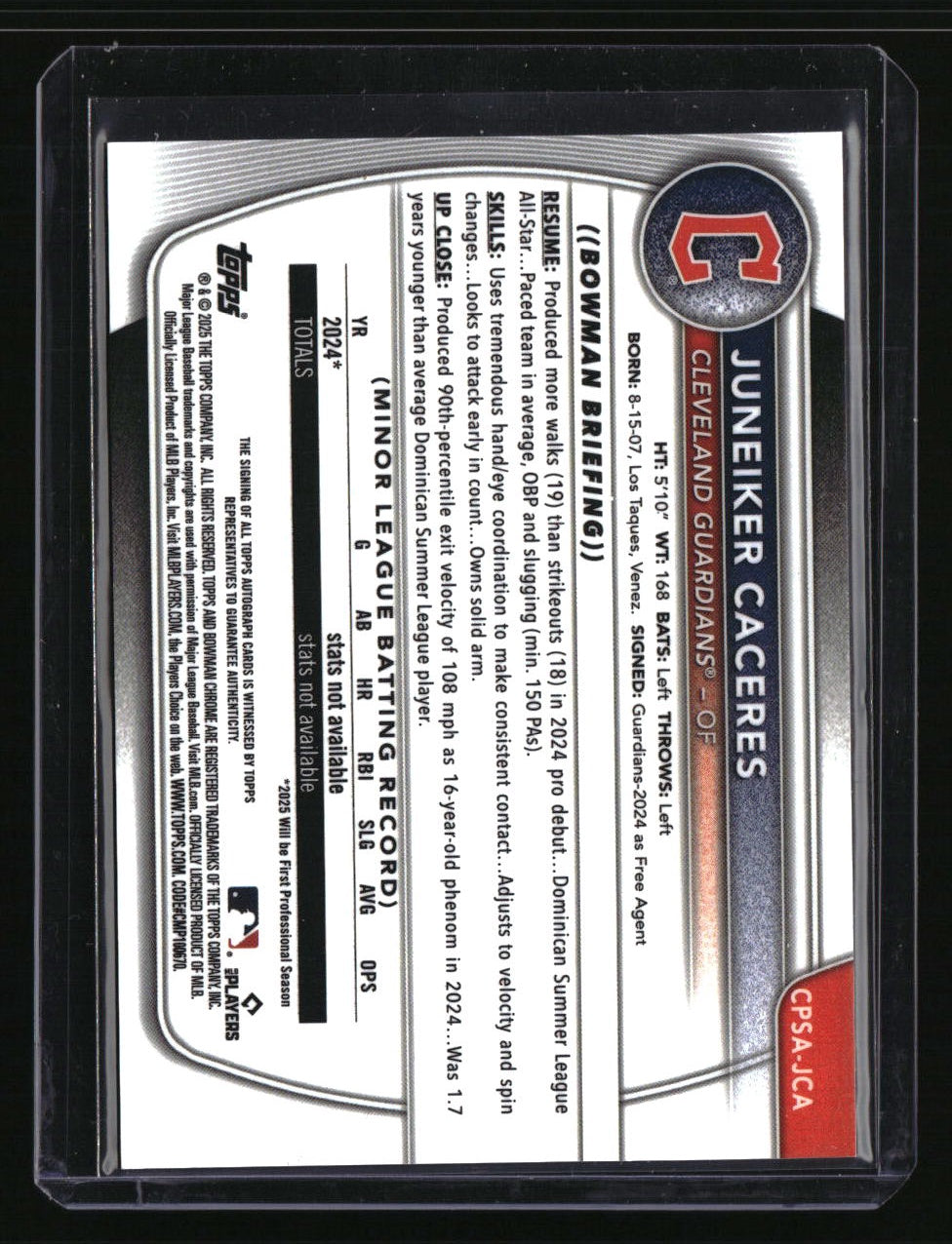 2025 Bowman Chrome Sapphire Edition Juneiker Caceres Prospect Auto #/199