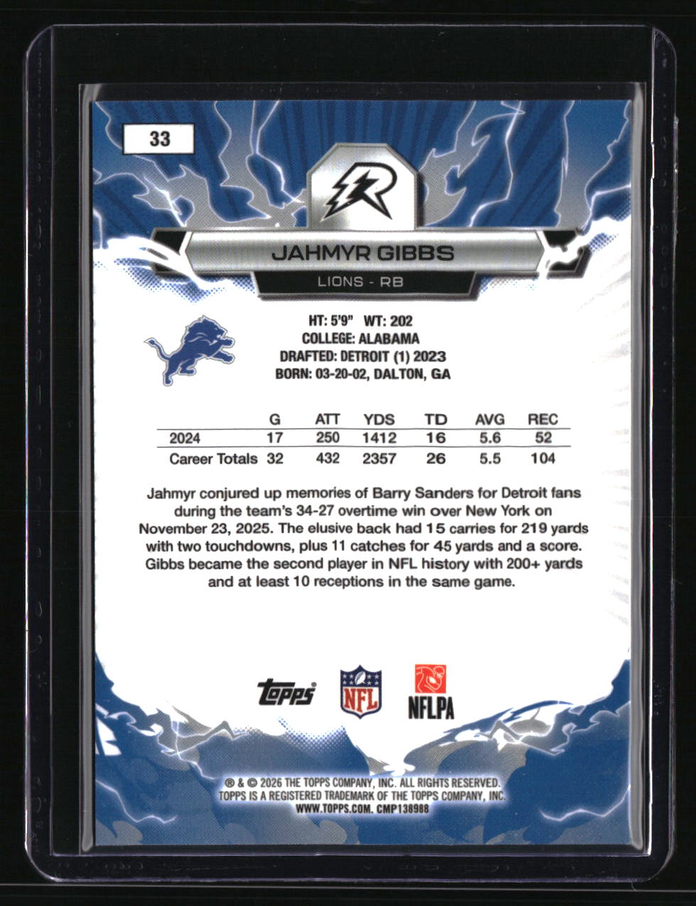 2025 Topps Resurgence Jahmyr Gibbs Blue Surge Refractor #/99 Color Match