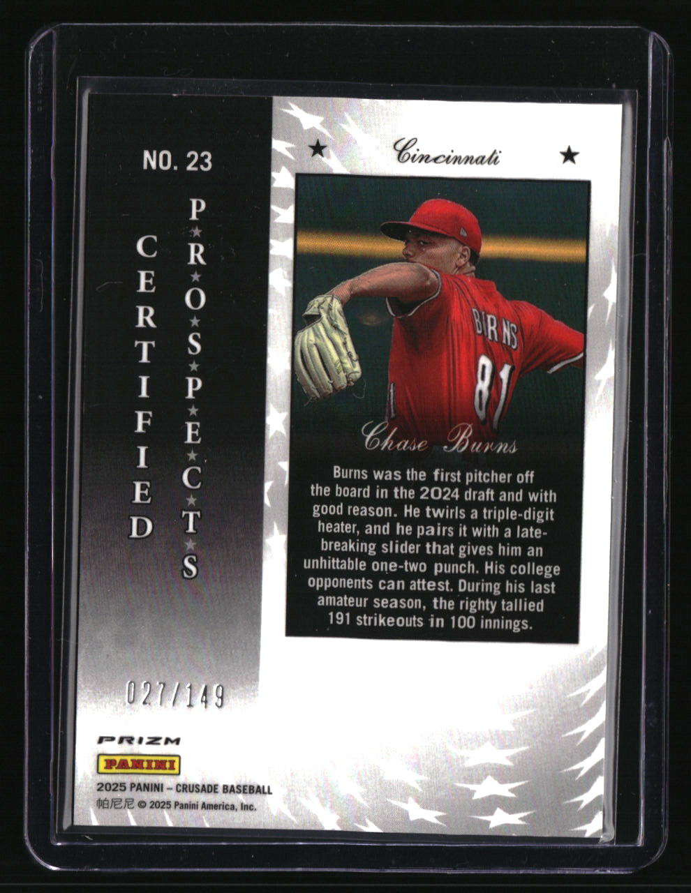 2025 Panini Crusade Chase Burns Certified Prospects Purple #/149