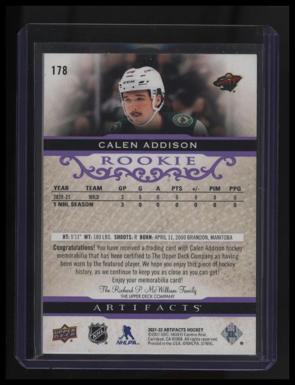 2021-22 Upper Deck Artifacts Calen Addison Horizontal Material Purple #/6