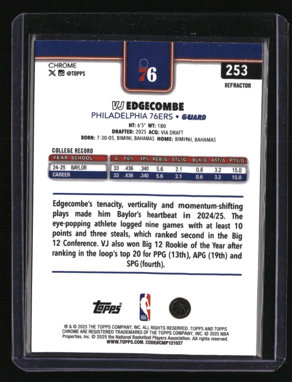 2025-26 Topps Chrome VJ Edgecombe Refractor