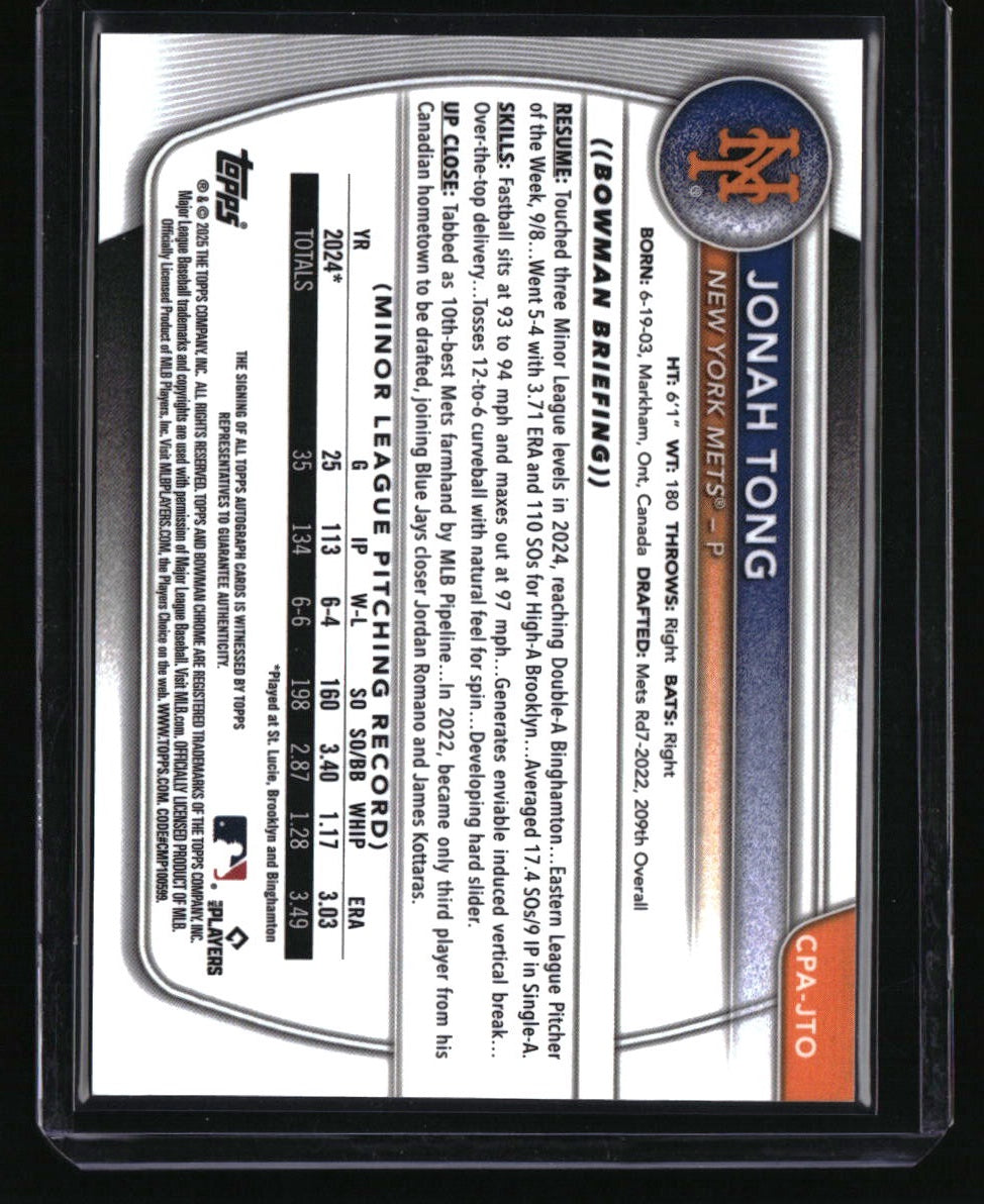 2025 Bowman Jonah Tong Chrome Prospect Autographs