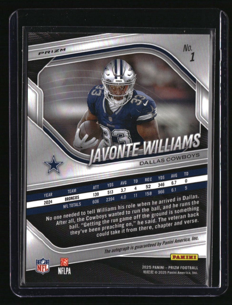 2025 Panini Prizm Javonte Williams Prizm Autographs Silver