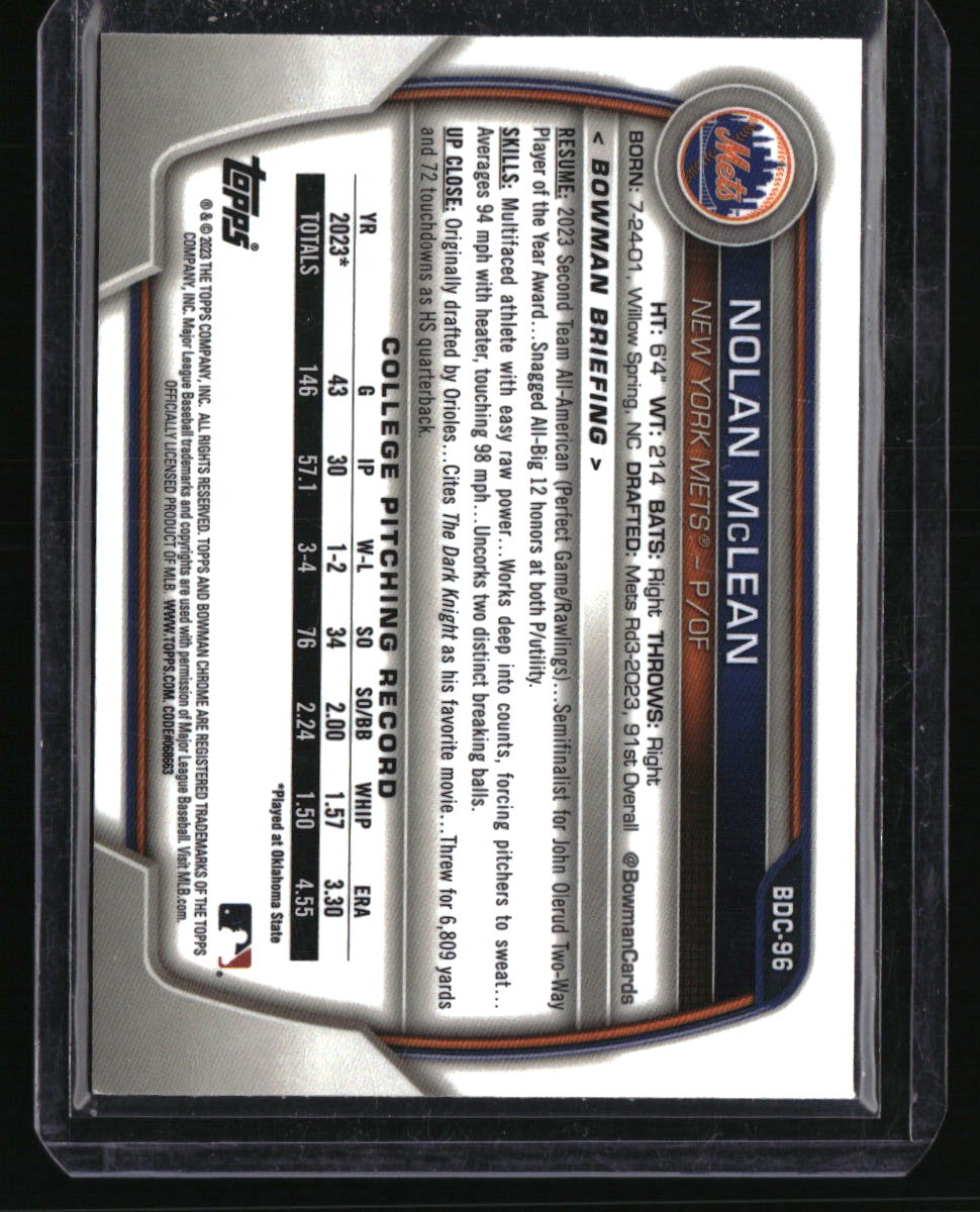 2023 Bowman Draft Nolan McLean Chrome Yellow Lunar Crater Refractor #/75